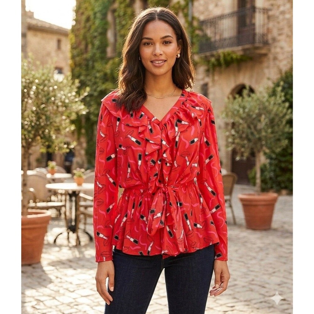 NWT Ashley Stewart Blouse Plus Sz. 26/28 4X Fun Flirty Red Lipstick Ruffle Top